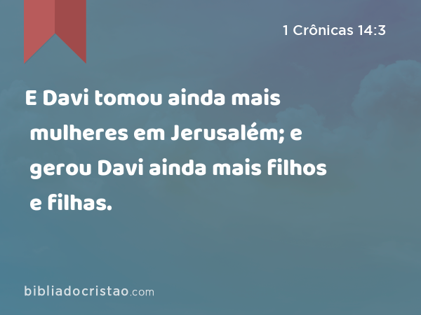 E Davi tomou ainda mais mulheres em Jerusalém; e gerou Davi ainda mais filhos e filhas. - 1 Crônicas 14:3