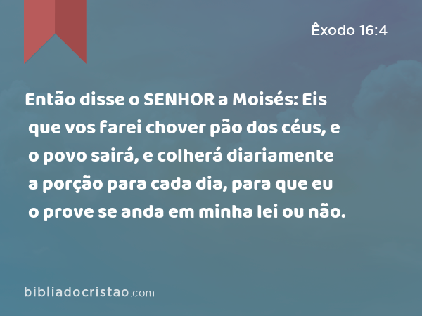 Então disse o SENHOR a Moisés: Eis que vos farei chover pão dos céus, e o povo sairá, e colherá diariamente a porção para cada dia, para que eu o prove se anda em minha lei ou não. - Êxodo 16:4