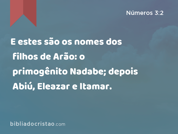 E estes são os nomes dos filhos de Arão: o primogênito Nadabe; depois Abiú, Eleazar e Itamar. - Números 3:2